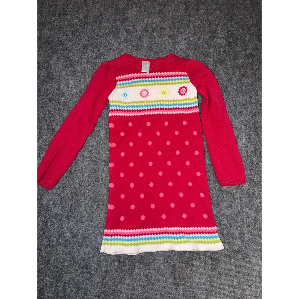 Gymboree Girls Red Sweater Dress Long Sleeve Floral Polka Dot Cotton Size 6